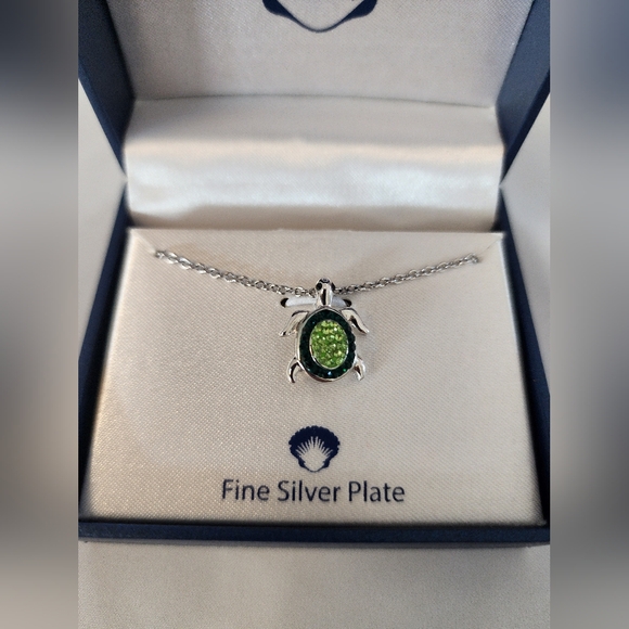 Silver Turtle Pendant Necklace with Green Gemstone - Picture 2 of 3